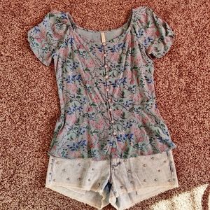 Blue Blouse with Buttons and Floral Pattern